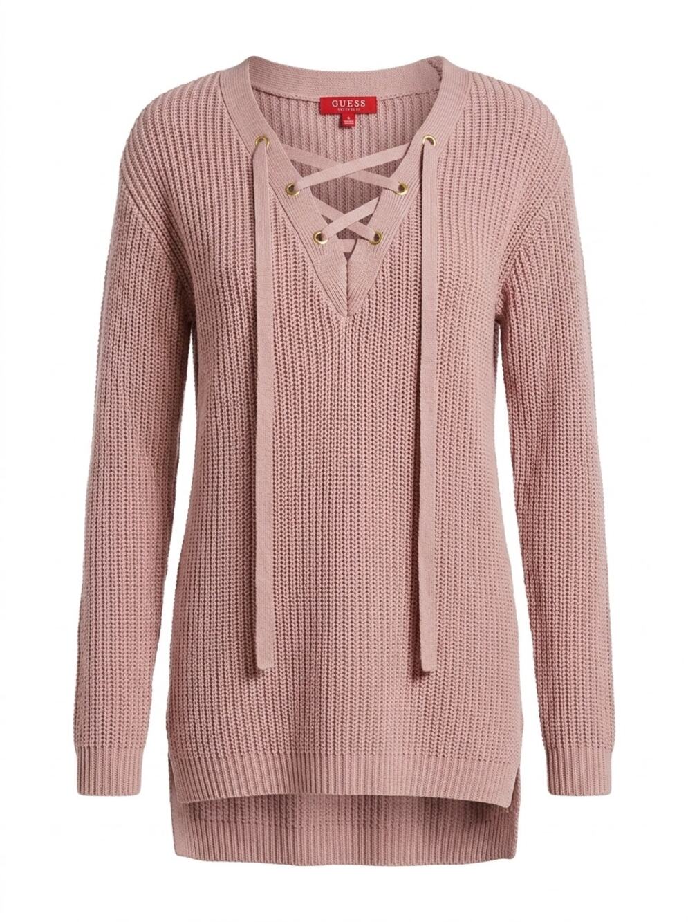 Guess Pink Lace-Up V-Neck High-Low Knit Sweater Women Size M